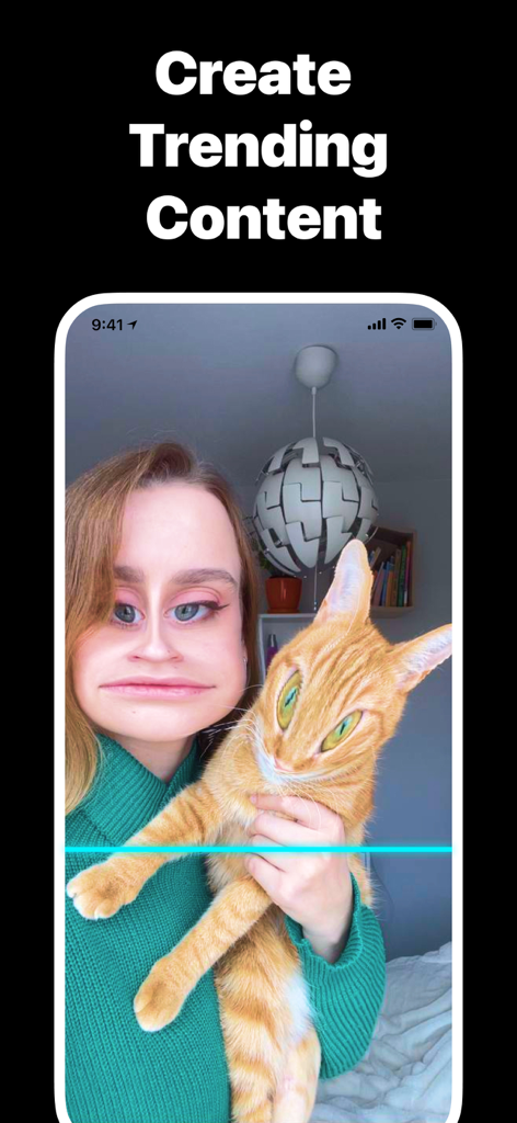 Time Warp Scan - Funny Face - Uma mulher e seu gato com rostos distorcidos usando o efeito Time Warp Scan de linha azul