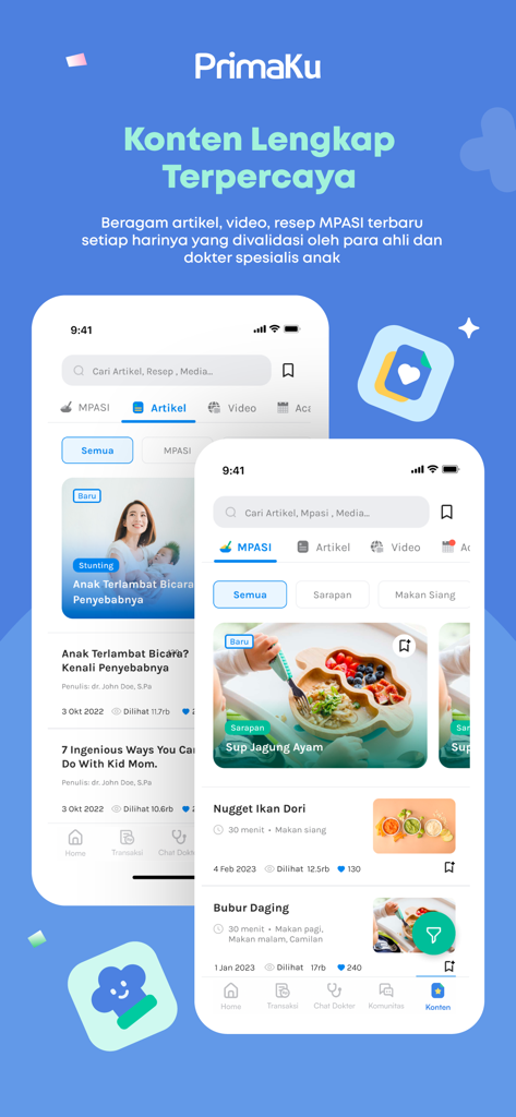PrimaKu app interface showcasing child development articles and nutritious baby food recipes.