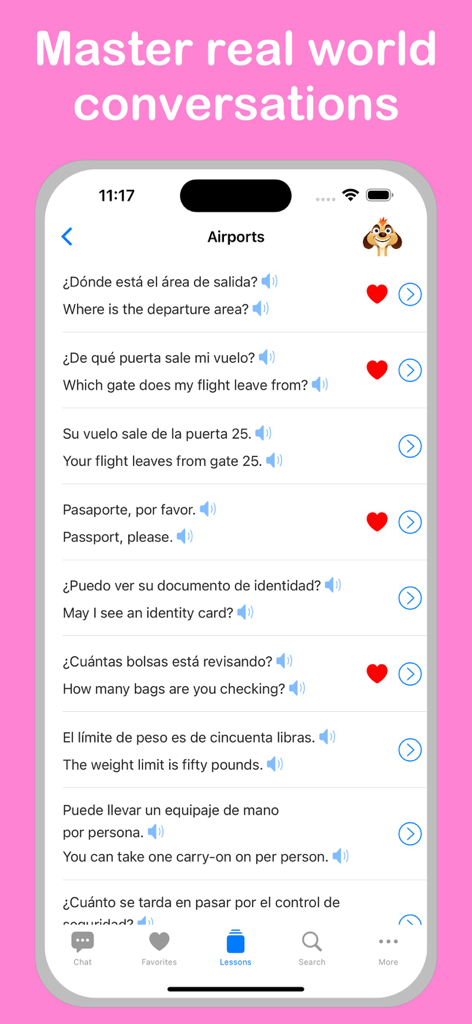 Spanish language learning app screen showing airport travel phrases and translations