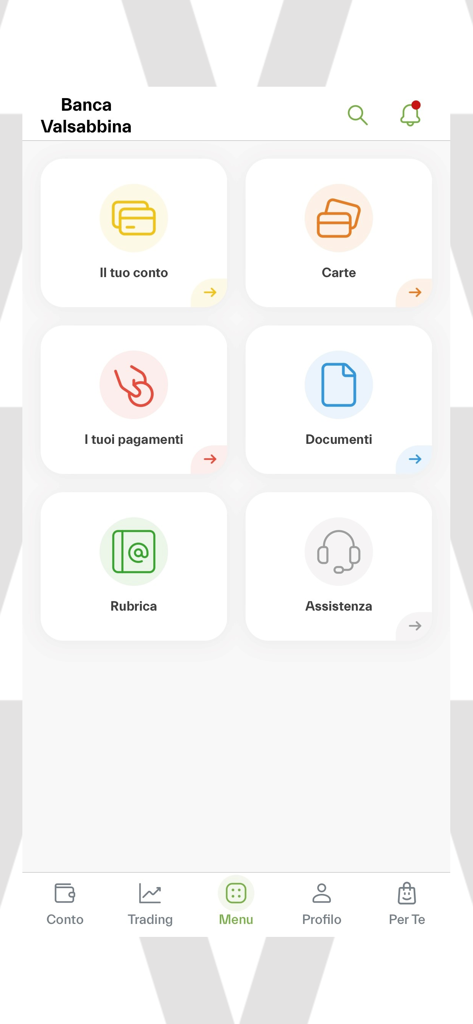 Menu principale dell'app mobile Banca Valsabbina con icone per la gestione del conto, pagamenti e supporto