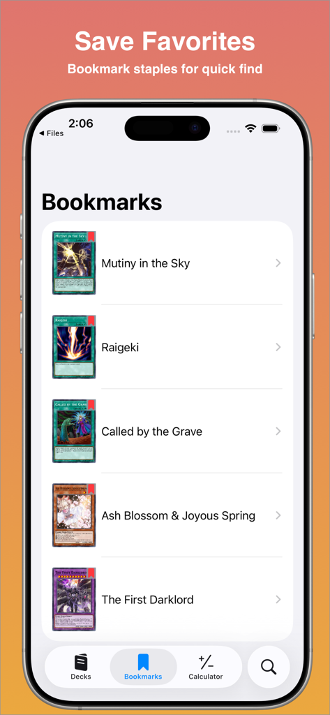 Captura de pantalla de la aplicación móvil YGODeck que muestra la pantalla de Marcadores con cartas guardadas de YuGiOh como Raigeki y Ash Blossom.
