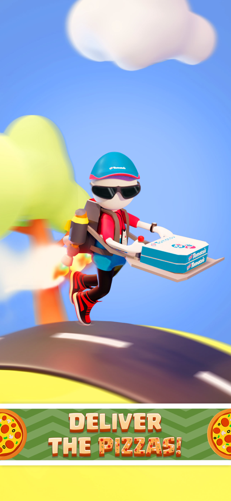 Oh My Pizza - Epic Pizza Games - Character using a jetpack to deliver pizza in Oh My Pizza game