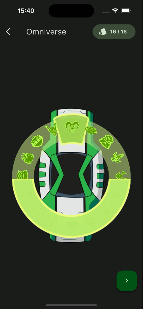 A screenshot of the Omnitrix Wiki app displaying the Omniverse selection dial with various green alien icons