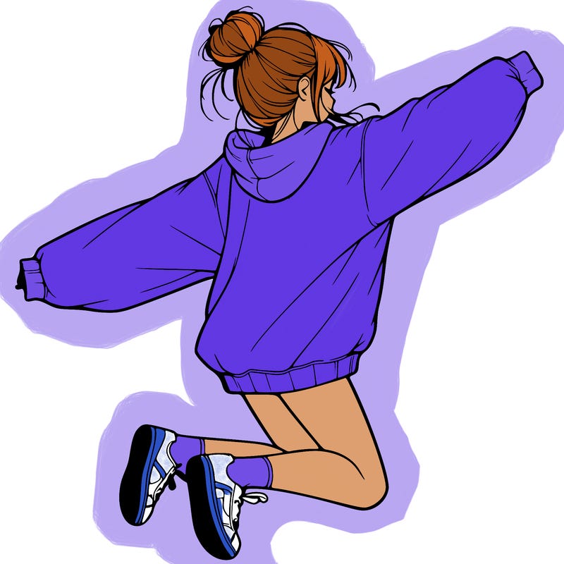 realistic girl jumping with a bun and oversized sweatshirt