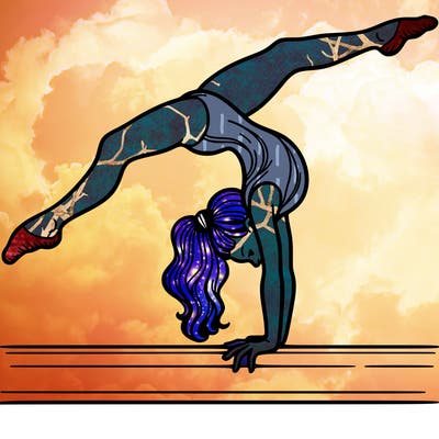 gymnast doing split handstand on a beam