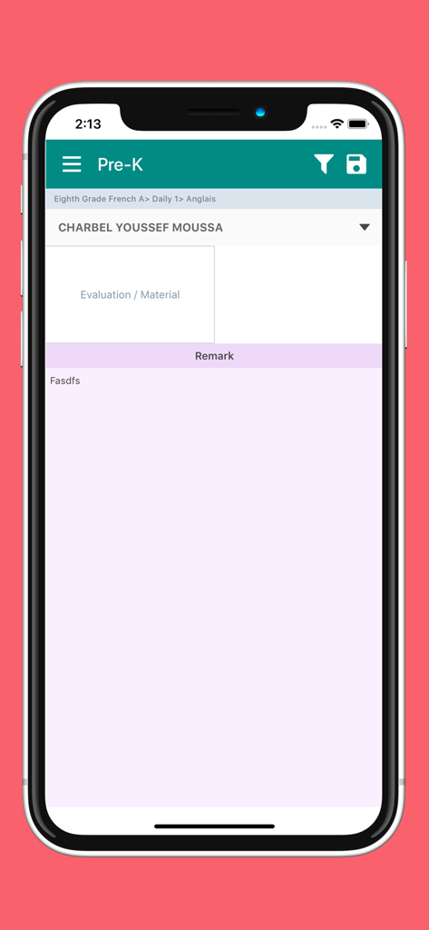 eSchool Gradebook - Evaluation and remarks screen for teachers in eSchool Gradebook app