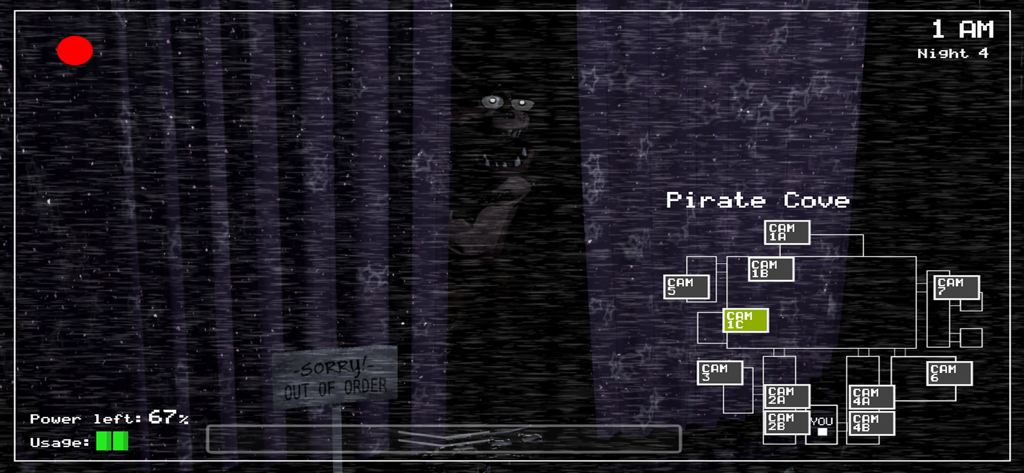 Five Nights at Freddy's - In-game security camera view of Pirate Cove showing an animatronic character peeking through curtains in Five Nights at Freddys.