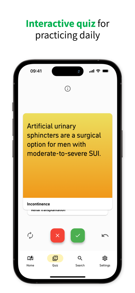 Knowuro reader - Knowuro reader app interface showing an interactive urology quiz for medical residents.