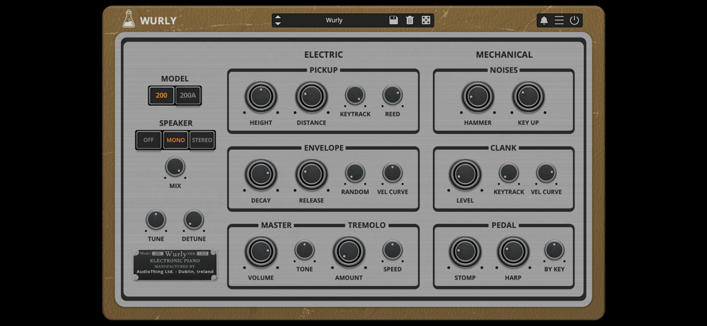 Wurly - Electric Piano - The user interface of the Wurly electric piano app featuring vintage sound adjustment knobs