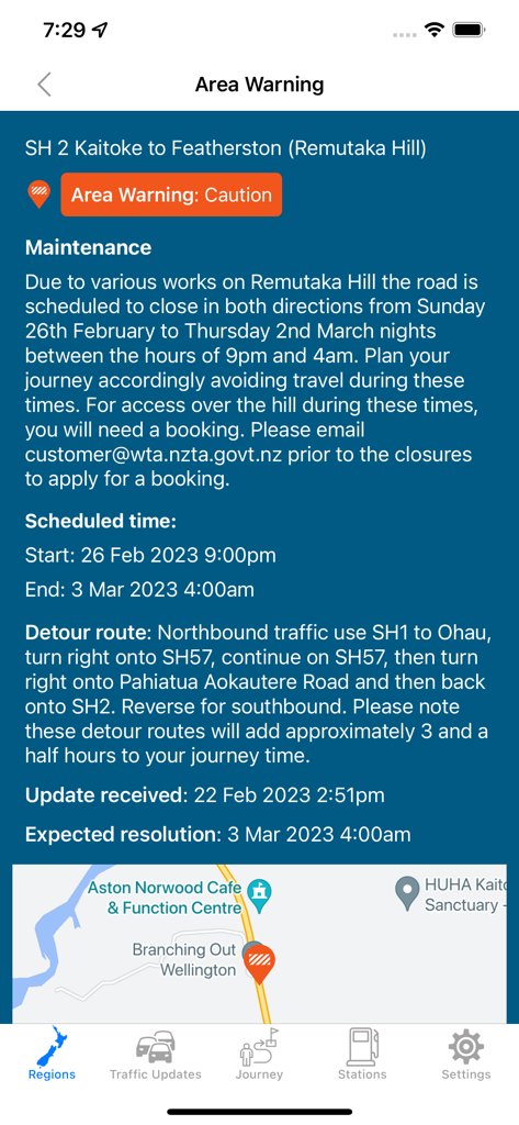 A screenshot of the NZ Traffic Cameras app displaying an area warning for road maintenance with detour routes and scheduled closure times.