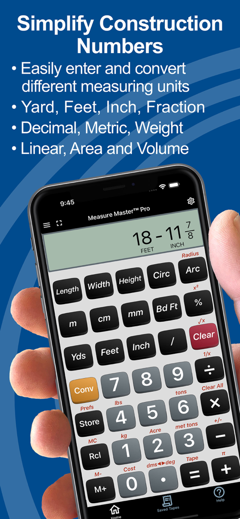 Measure Master Pro Calculator - Hand holding a phone with the Measure Master Pro construction calculator app showing unit conversions