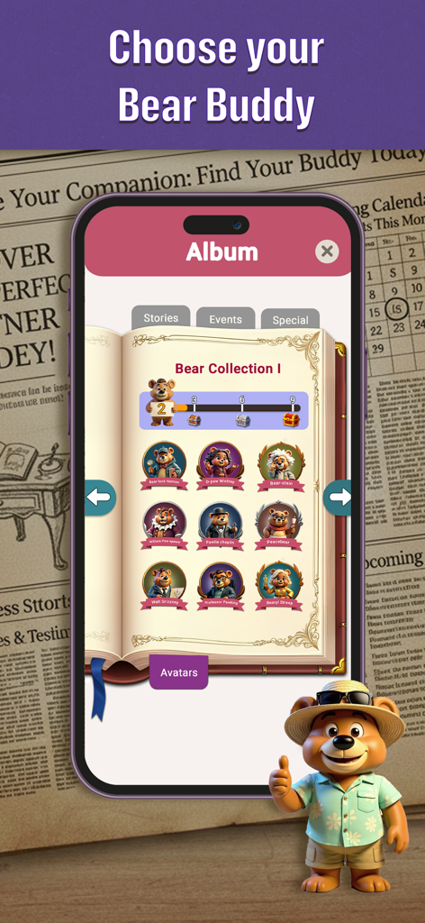 CodeWords: Cryptogram Puzzles - クマのバディのアバターのコレクションをデジタルアルバムに表示するCodewords Cryptogram Puzzlesアプリ画面