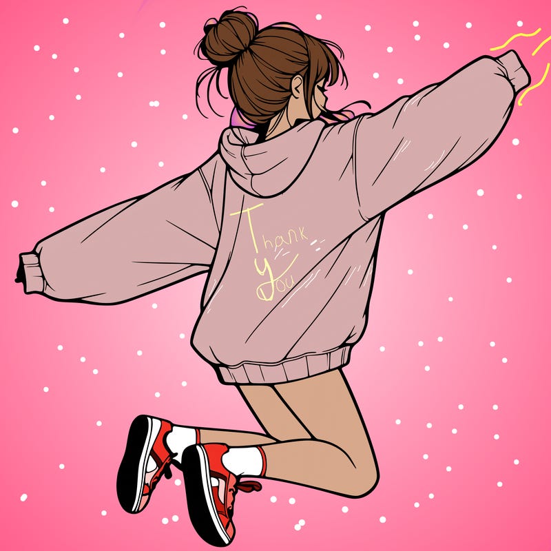 realistic girl jumping with a bun and oversized sweatshirt