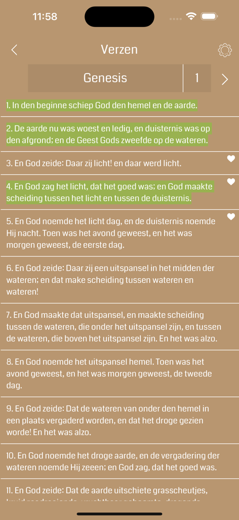 Dutch Bible Offline - Dutch Bible app interface showing verses from Genesis chapter 1 with green highlights and favorite icons on a brown background