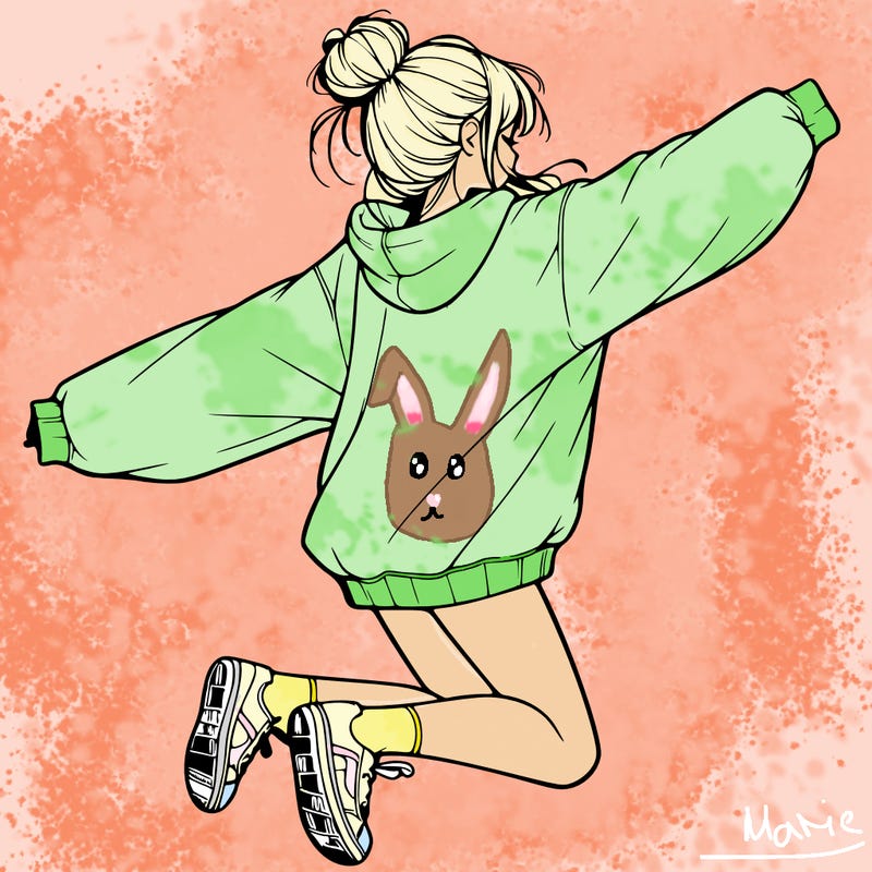 realistic girl jumping with a bun and oversized sweatshirt