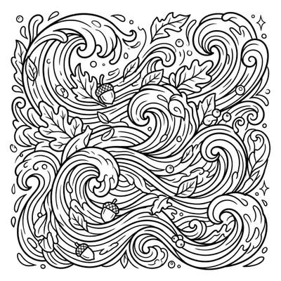 Immerse yourself in the beauty of the season with this captivating autumn waves coloring page. Featuring dynamic water patterns interwoven with classic fall motifs like oak leaves and acorns, it's perfect for a creative escape.