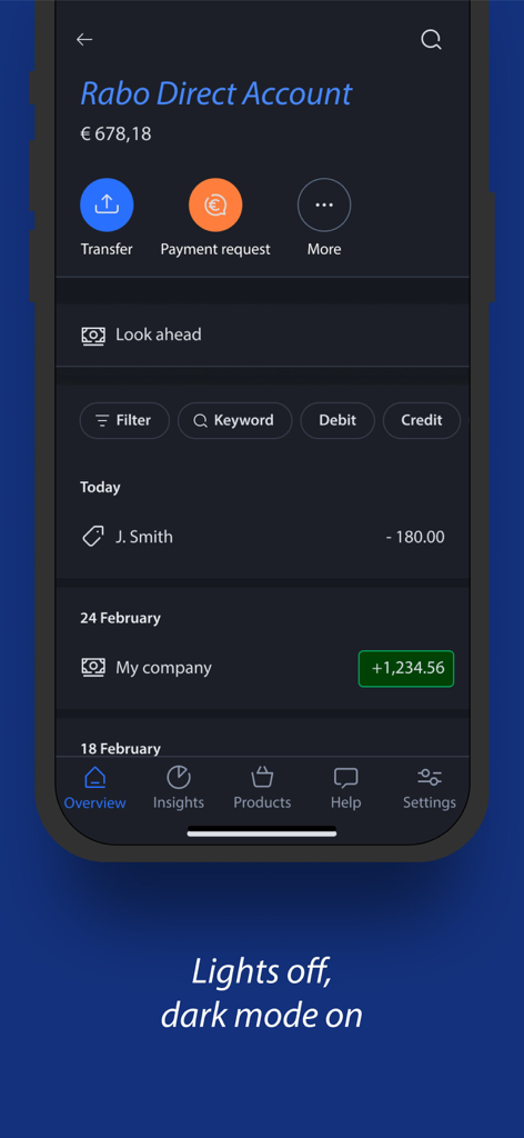 Rabobank app overview screen in dark mode showing account balance and recent transactions