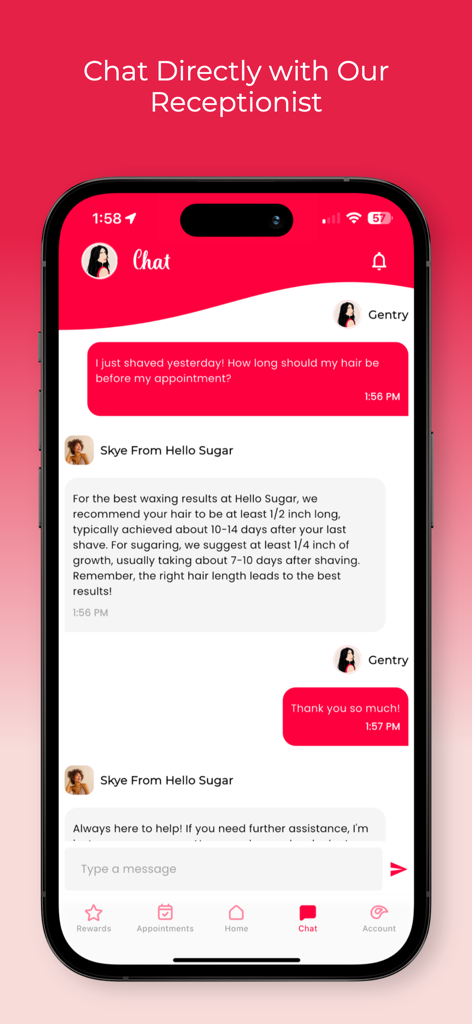 Hello Sugar: Wax, Sugar, Laser - Direct chat interface with a receptionist within the Hello Sugar mobile app