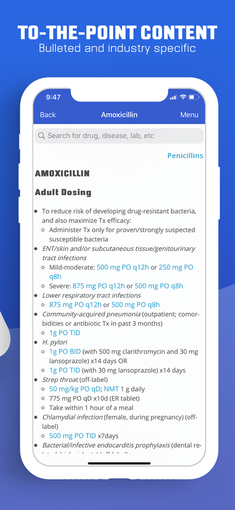 PEPID® - Clinical decision support screen in the PEPID app showing Amoxicillin adult dosing instructions.