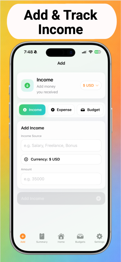 Budget Planner Buddy :Bilancio - Interface para adicionar e rastrear renda no aplicativo planejador de orçamento Bilancio, mostrando campos de entrada para origem e valor.