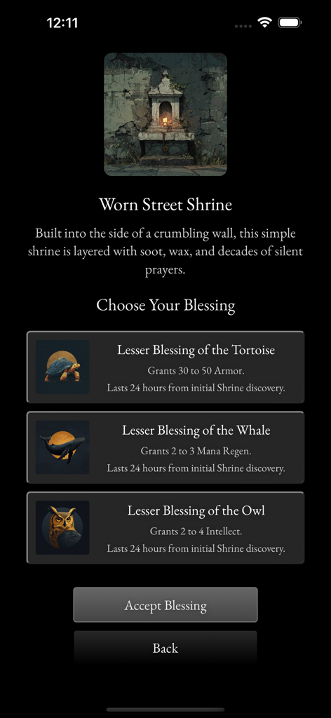 Prado Traveler - Fitness RPG - A screen in the Prado Traveler app where players can choose between three different animal-themed blessings at a street shrine.