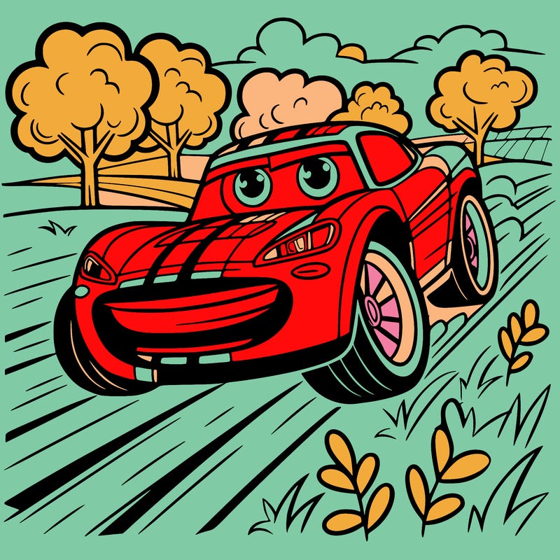 big print fast car with the eyes on and speeding on road in the field with trees