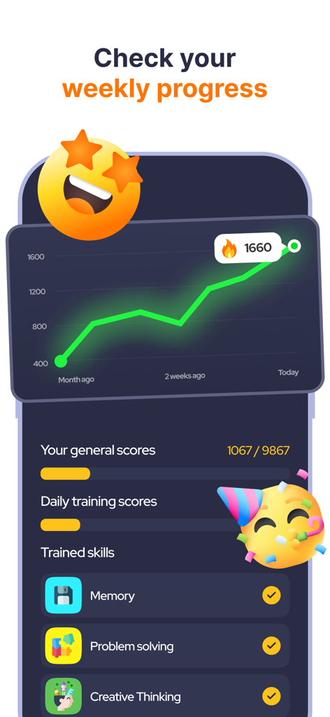 BrainBloom App-Bildschirm zeigt ein grünes Liniendiagramm für den wöchentlichen kognitiven Fortschritt und eine Liste trainierter Fähigkeiten wie Gedächtnis und Problemlösung