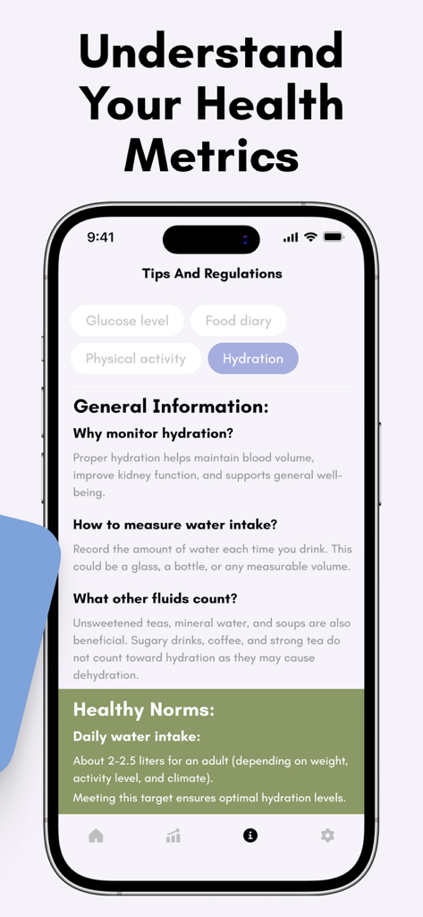 Pantalla educativa en la aplicación Mi Rastreador de Alimentos para la Diabetes que ofrece consejos de hidratación y normas diarias de ingesta de agua