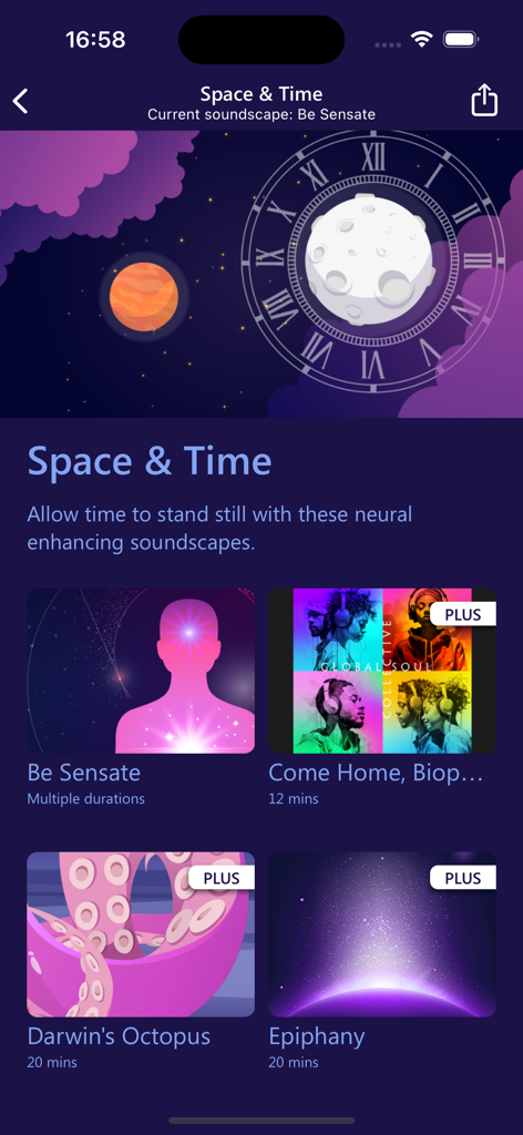 Sensate: Stress/Anxiety Relief - Sensate App-Oberfläche, die eine Auswahl an neuronalen Klanglandschaften unter der Kategorie Space and Time zeigt.