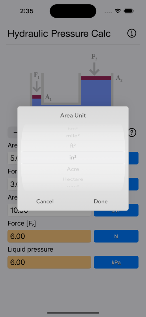 Hydraulic Pressure Calculator - Hydraulic Pressure Calculator app showing the area unit selection menu for hydraulic system calculations.