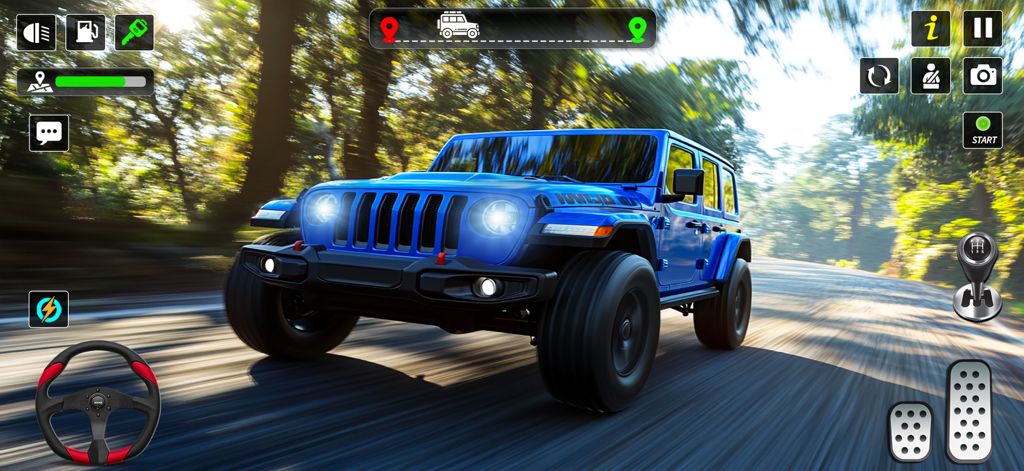 Um SUV offroad azul dirigindo por uma floresta no jogo simulador de carro Long Road Trip.
