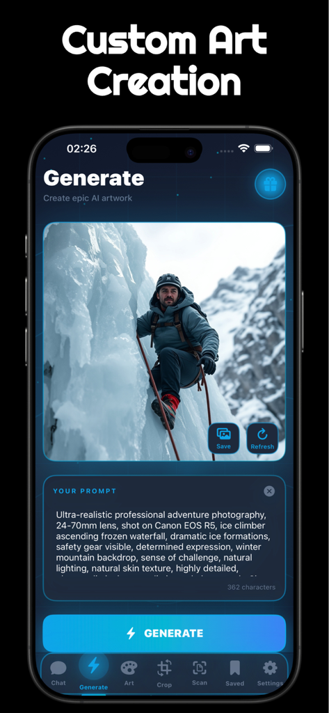Arena AI Mobile - Arena AI 모바일 앱 화면에 상세한 텍스트 프롬프트에서 아이스 클라이머의 AI 아트 이미지 생성을 보여줍니다.