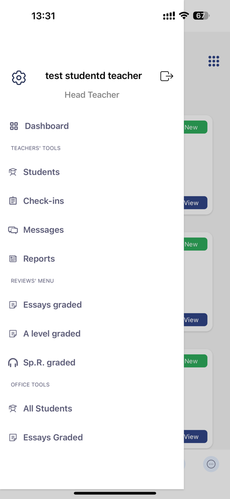 CELT VIP - Side navigation menu of the CELT VIP app for teachers showing tools for student management reports and grading