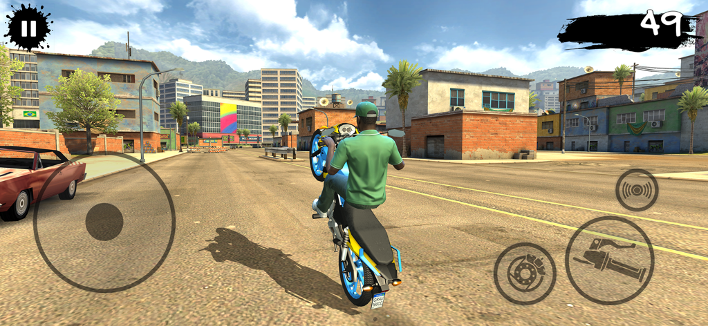 Bike games - Racing games - Ein 3D-Motorrad-Stunt-Simulationsspiel, das einen Fahrer zeigt, der einen Wheelie auf einer städtischen Straße ausführt