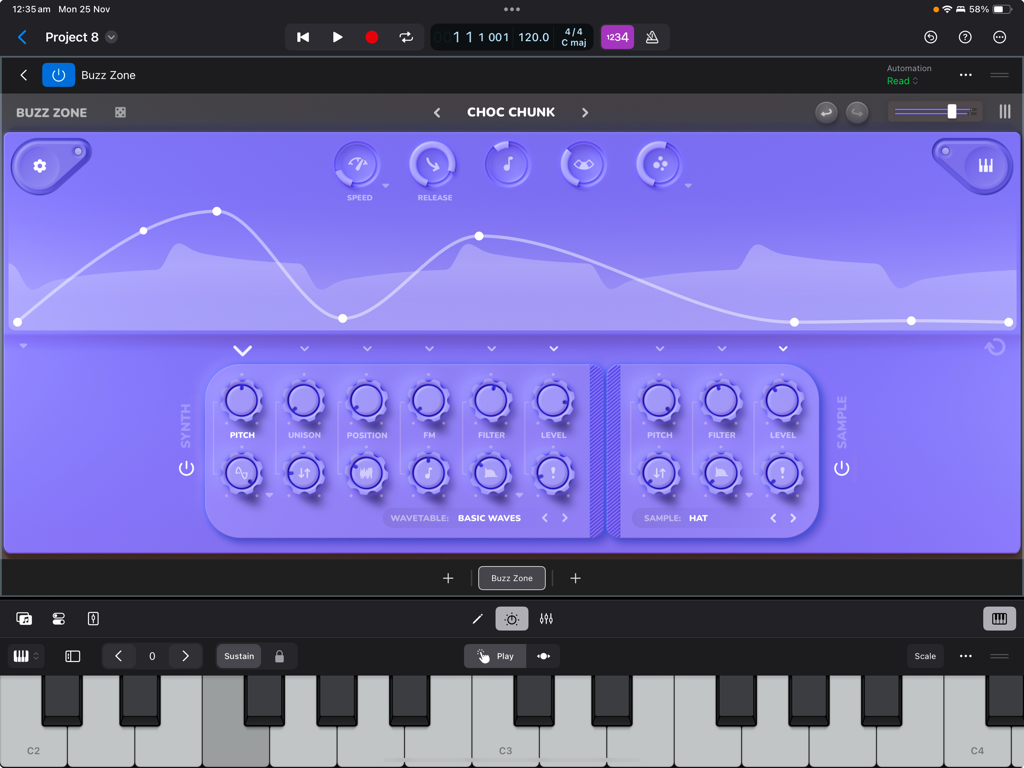 Buzz Zone - Interface of the Buzz Zone polyphonic synthesizer app on iPad showing envelope curves and sound controls