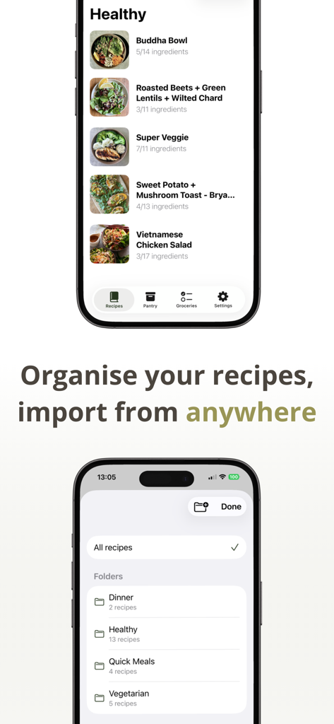 Two iPhone screens showing the Pantry Recipe Manager app with a healthy recipe list and categorized recipe folders