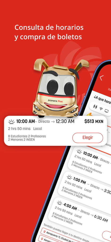 Interfaz de la aplicación móvil Primera Plus que muestra horarios y precios de viajes en autobús con una mascota de autobús de caricatura sobre un fondo rojo