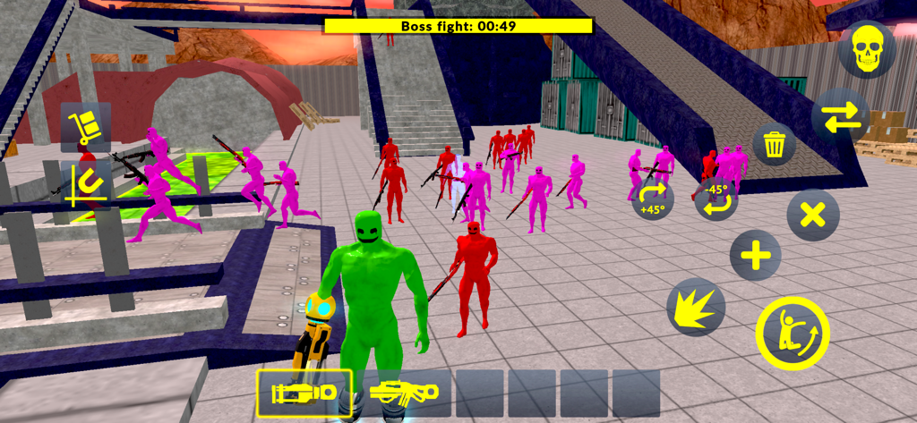 Green Sandbox - A green character facing numerous red and pink enemies in an industrial sandbox environment during a boss fight