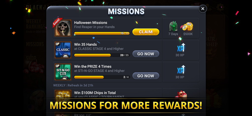Blackjack Championship - In-game missions menu for Blackjack Championship showing daily tasks and chip rewards