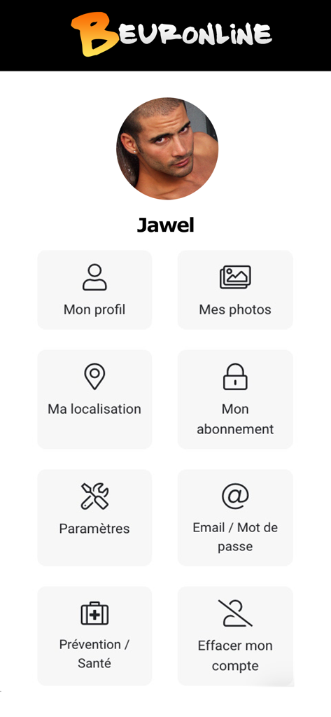 Beuronline - gay arab chat - Beuronline app user profile menu with settings and account options