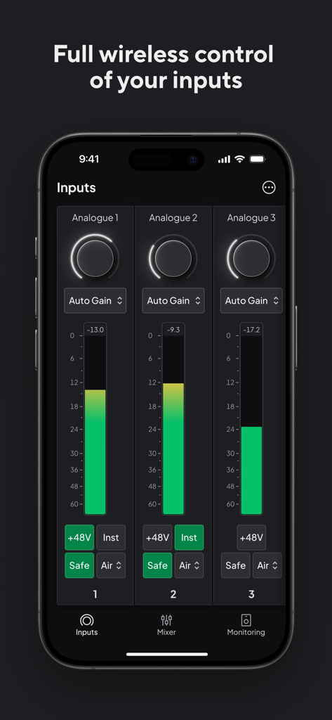 Focusrite Control 2 - Focusrite Control 2 app interface showing wireless input gain and audio settings for three analogue channels