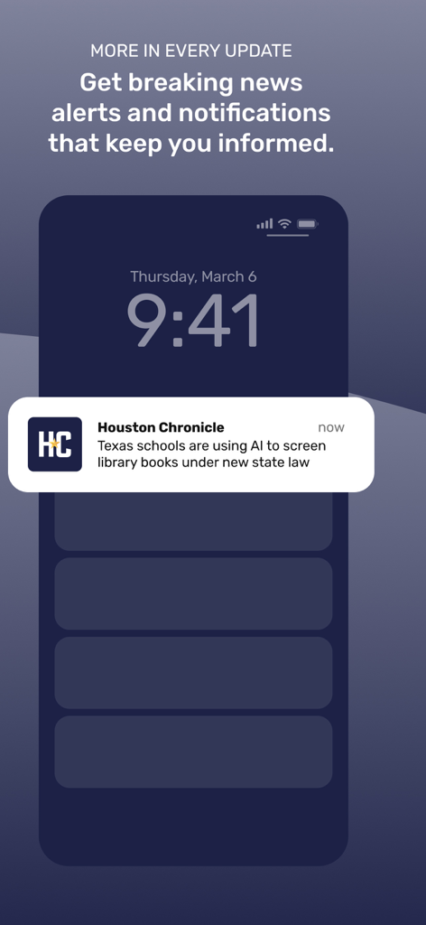 Houston Chronicle - A smartphone lock screen showing a Houston Chronicle breaking news notification about Texas schools.