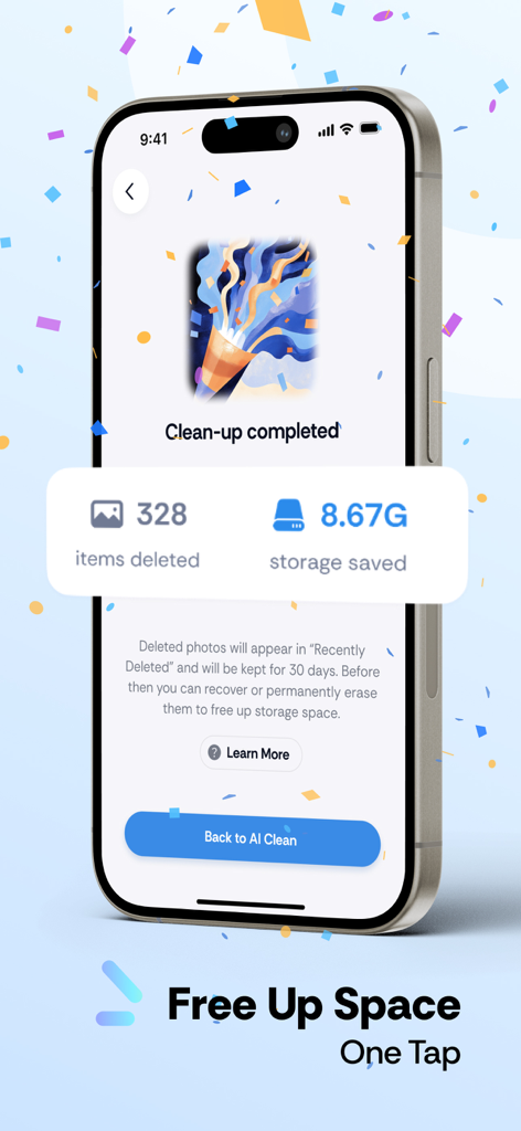 Expert Cleaner - Clean Storage - Expert Cleaner app screen showing clean up completed with 328 items deleted and 8.67 GB of storage saved.