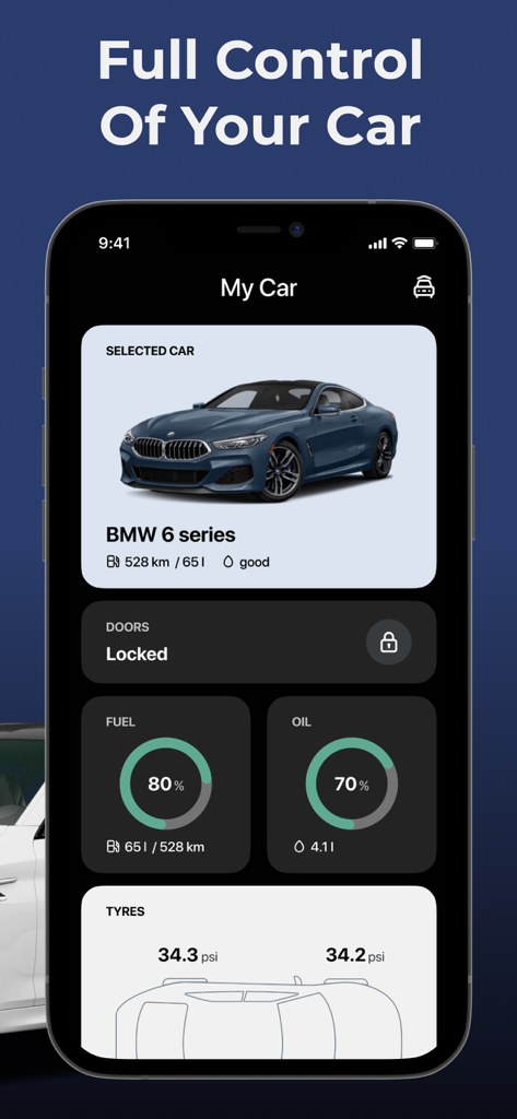 Car Play Connect: Remote Sync - Armaturenbrett der Car Play Connect App, das BMW-Fahrzeugstatistiken wie Kraftstoff, Öl und Reifendruck anzeigt
