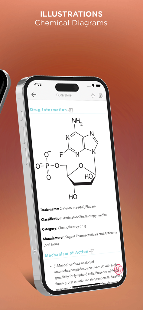 Cancer Chemotherpy Drug Manual - Chemotherapy drug chemical diagram and information on a smartphone screen