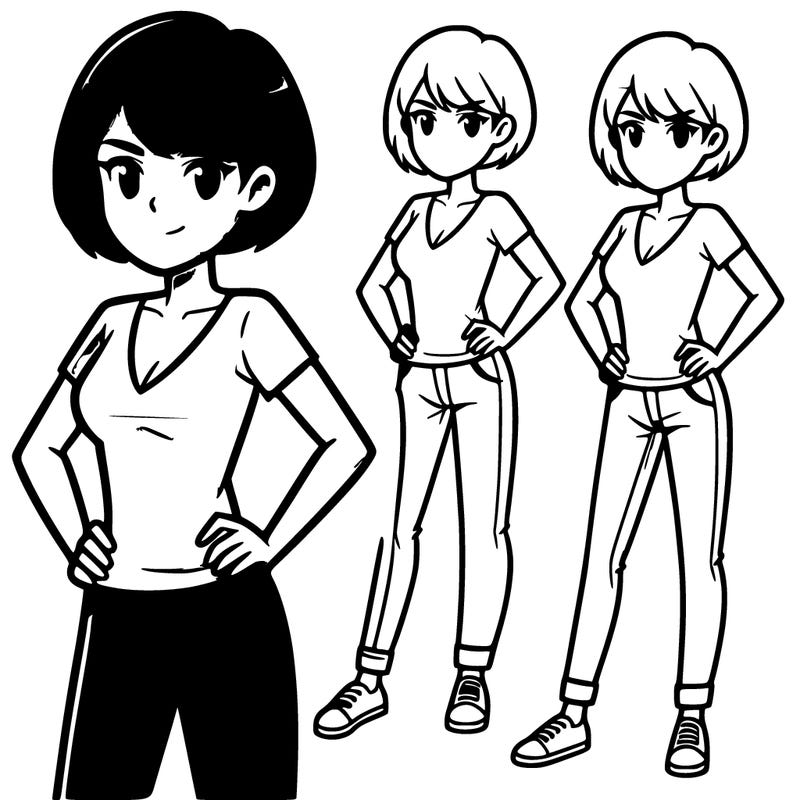 a short-haired woman in a v-neck t-shirt and jeans standing with her hands on her hips