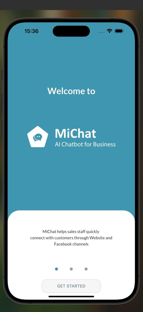 MiChat (MiTek) - Welcome screen of MiChat AI Chatbot for Business showing integration for Website and Facebook channels