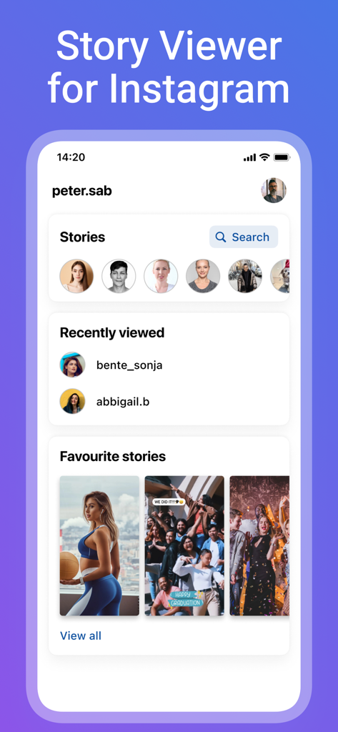 Mobile app interface of Xstory showing features to watch and save Instagram stories anonymously.