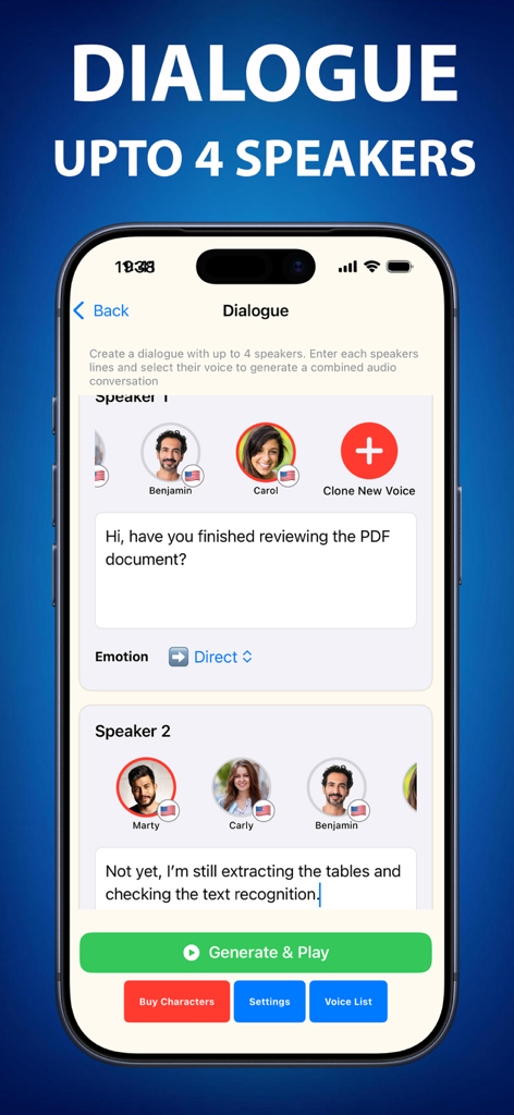 Interfaz de la aplicación Fake Voice que muestra la creación de diálogos de varios locutores con voces de IA y entrada de texto a voz