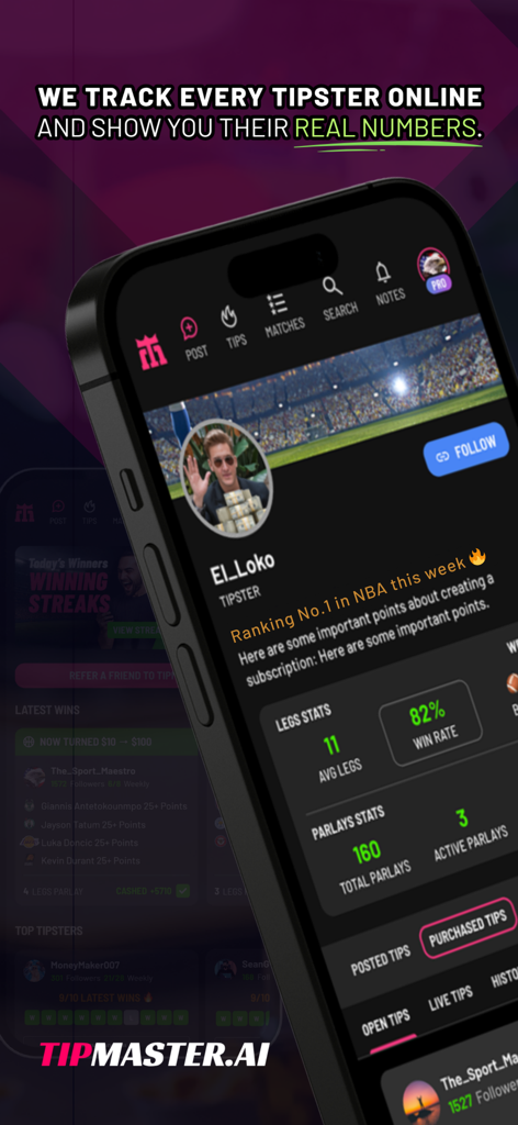 TipMaster AI - Interface do aplicativo TipMaster AI mostrando o perfil de um tipster com estatísticas verificadas de taxa de vitórias e desempenho de parlay